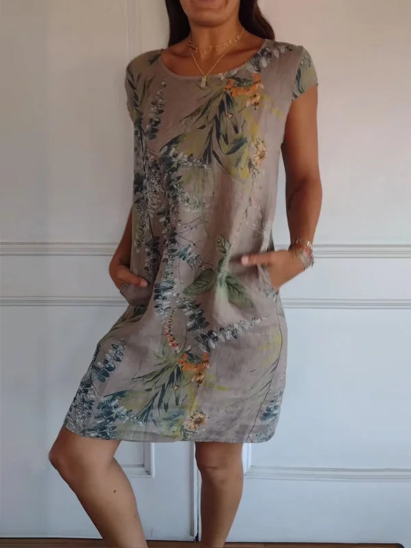 Printed dress with round neckline – Eveline-Brown-S-State of Style
