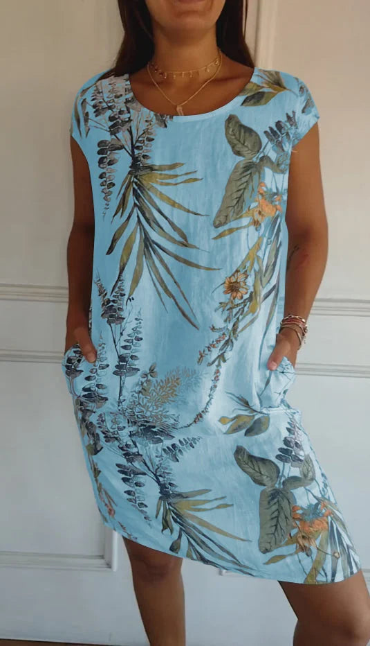 Printed dress with round neckline – Eveline-Light blue-S-State of Style