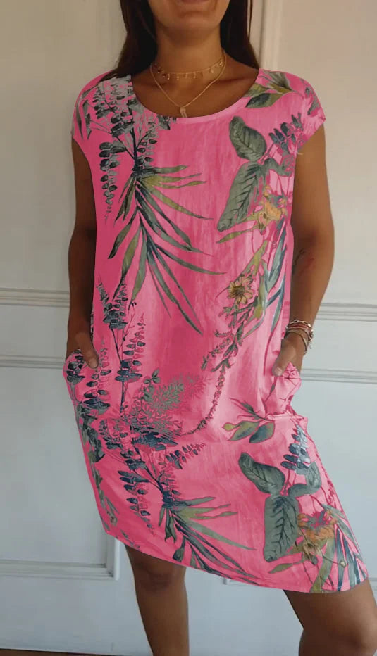 Printed dress with round neckline – Eveline-Pink-S-State of Style