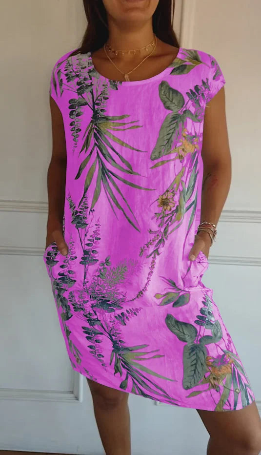 Printed dress with round neckline – Eveline-Purple-S-State of Style