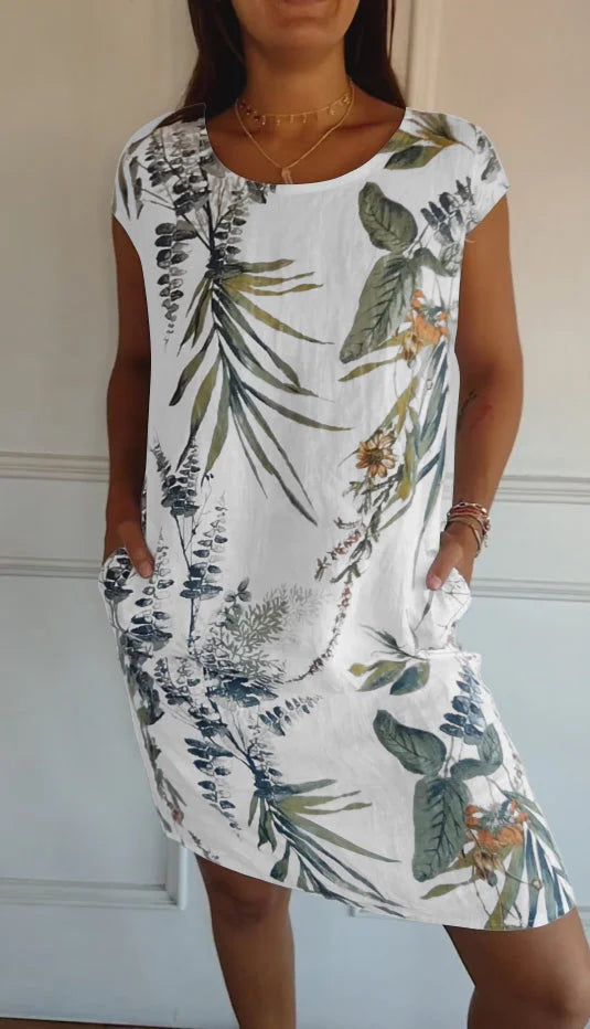 Printed dress with round neckline – Eveline-White Green-S-State of Style