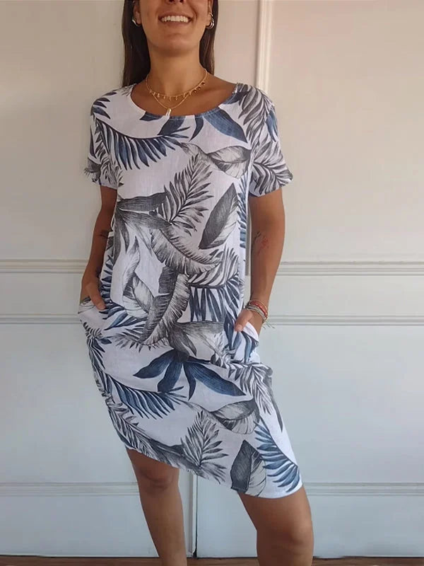 Printed dress with round neckline – Eveline-White-S-State of Style