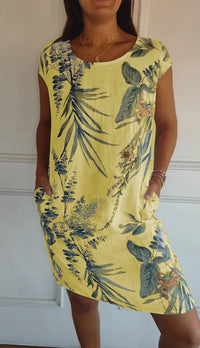 Printed dress with round neckline – Eveline-Yellow-S-State of Style