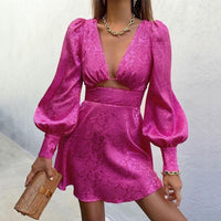 Printed Satin Dress with Puff Sleeves - Valeria-Pink-S-State of Style