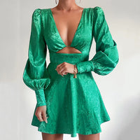 Printed Satin Dress with Puff Sleeves - Valeria-Vegetable-S-State of Style
