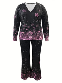 Printed V-Neck Plus Size Outfit Set-Black-XL-State of Style