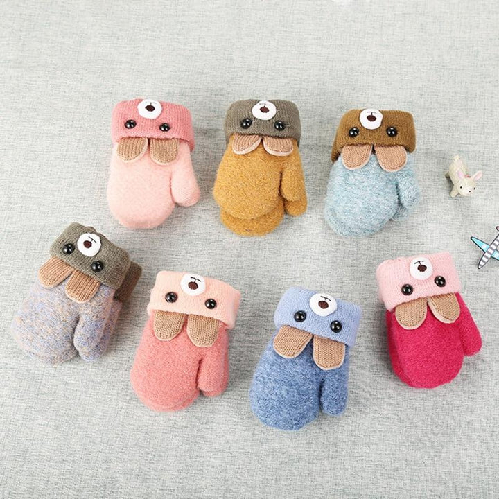 Winter-warm lined children's mittens with rabbit motif and cord – Buy one, get one free – 0–4 years