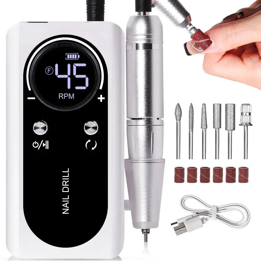 PROFESSIONAL 45000RPM PORTABLE ELECTRIC NAIL FILE WITH RECHARGEABLE BATTERY | LOW NOISE LEVEL FOR MANICURE-White-State of Style