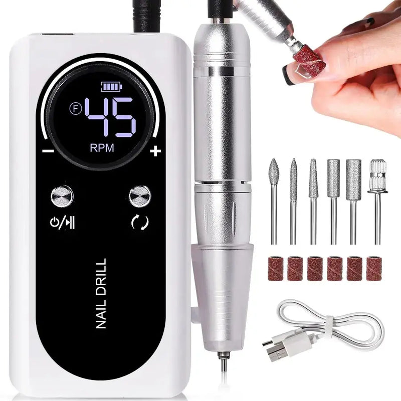PROFESSIONAL 45000RPM PORTABLE ELECTRIC NAIL FILE WITH RECHARGEABLE BATTERY | LOW NOISE LEVEL FOR MANICURE-White-State of Style