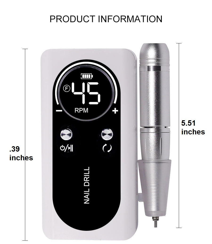PROFESSIONAL 45000RPM PORTABLE ELECTRIC NAIL FILE WITH RECHARGEABLE BATTERY | LOW NOISE LEVEL FOR MANICURE-White-State of Style