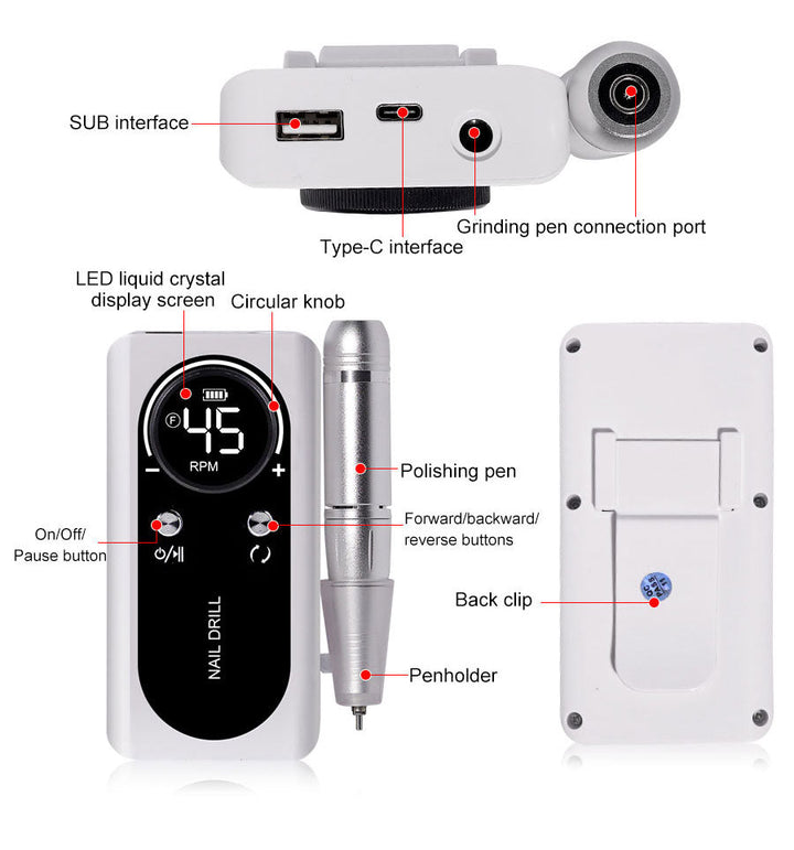 PROFESSIONAL 45000RPM PORTABLE ELECTRIC NAIL FILE WITH RECHARGEABLE BATTERY | LOW NOISE LEVEL FOR MANICURE-White-State of Style