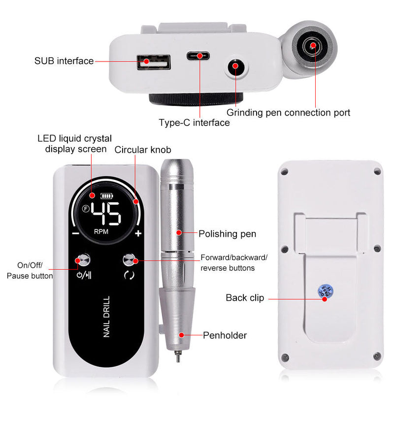 PROFESSIONAL 45000RPM PORTABLE ELECTRIC NAIL FILE WITH RECHARGEABLE BATTERY | LOW NOISE LEVEL FOR MANICURE-White-State of Style