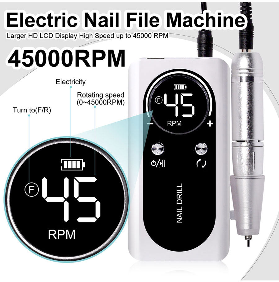 PROFESSIONAL 45000RPM PORTABLE ELECTRIC NAIL FILE WITH RECHARGEABLE BATTERY | LOW NOISE LEVEL FOR MANICURE-White-State of Style