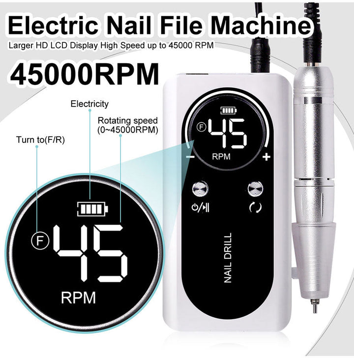 PROFESSIONAL 45000RPM PORTABLE ELECTRIC NAIL FILE WITH RECHARGEABLE BATTERY | LOW NOISE LEVEL FOR MANICURE-White-State of Style