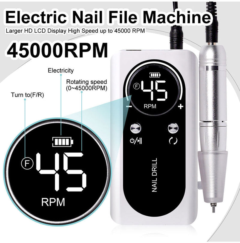 PROFESSIONAL 45000RPM PORTABLE ELECTRIC NAIL FILE WITH RECHARGEABLE BATTERY | LOW NOISE LEVEL FOR MANICURE-White-State of Style