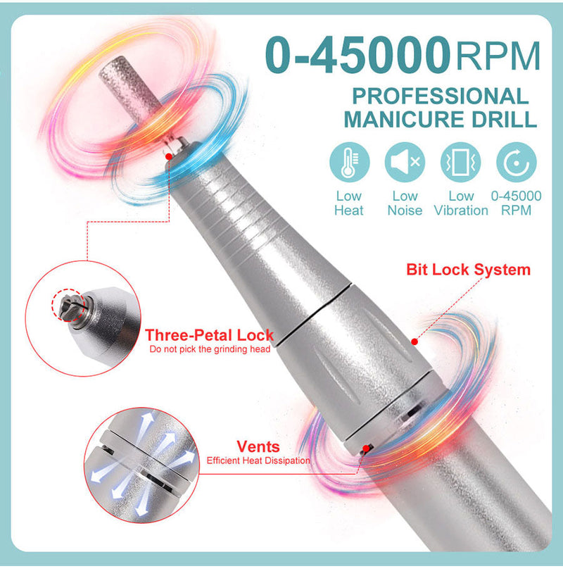 PROFESSIONAL 45000RPM PORTABLE ELECTRIC NAIL FILE WITH RECHARGEABLE BATTERY | LOW NOISE LEVEL FOR MANICURE-White-State of Style