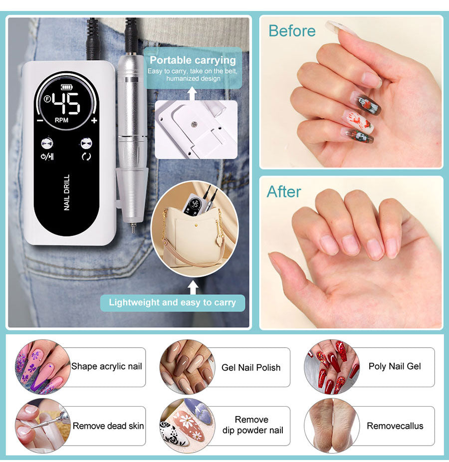 PROFESSIONAL 45000RPM PORTABLE ELECTRIC NAIL FILE WITH RECHARGEABLE BATTERY | LOW NOISE LEVEL FOR MANICURE-White-State of Style