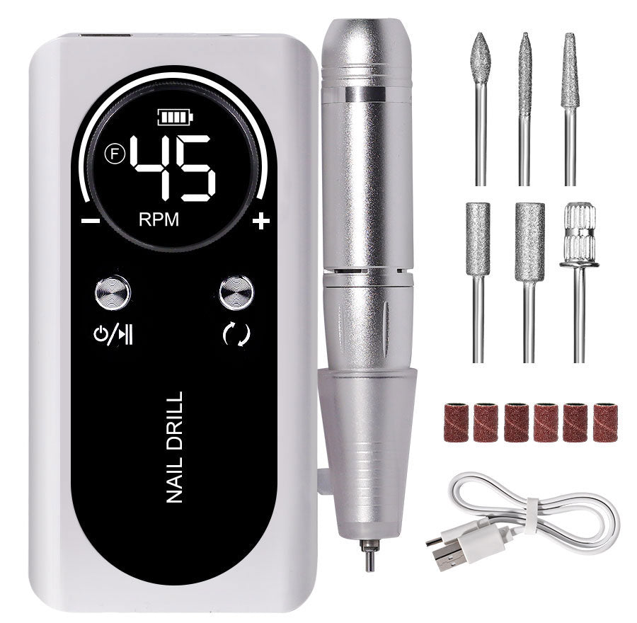 PROFESSIONAL 45000RPM PORTABLE ELECTRIC NAIL FILE WITH RECHARGEABLE BATTERY | LOW NOISE LEVEL FOR MANICURE-White-State of Style
