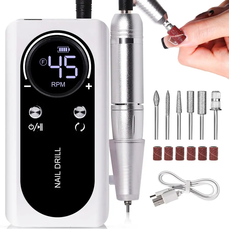 PROFESSIONAL 45000RPM PORTABLE ELECTRIC NAIL FILE WITH RECHARGEABLE BATTERY | LOW NOISE LEVEL FOR MANICURE-White-State of Style