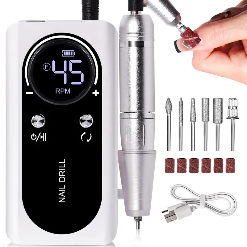 PROFESSIONAL 45000RPM PORTABLE ELECTRIC NAIL FILE WITH RECHARGEABLE BATTERY | LOW NOISE LEVEL FOR MANICURE-White-State of Style