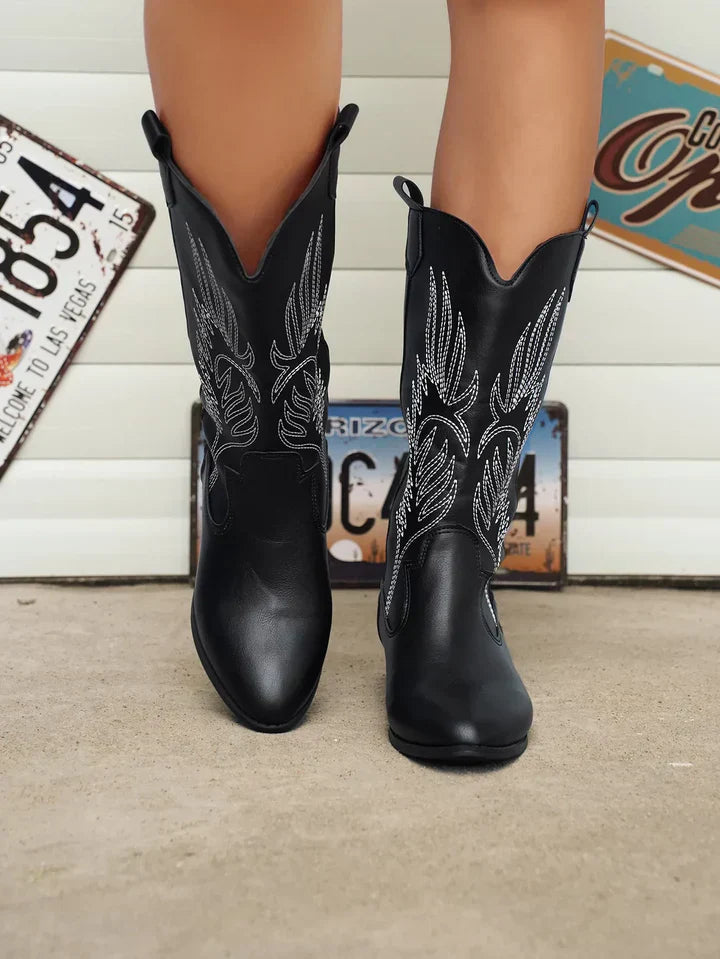 PU Leather Ladies Cowboy Boots with Soft Lining - Clara-Black-3.5-State of Style