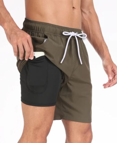 Quick-drying men's swim shorts with stretch & mobile phone pocket – Jonas-Army green-S-State of Style
