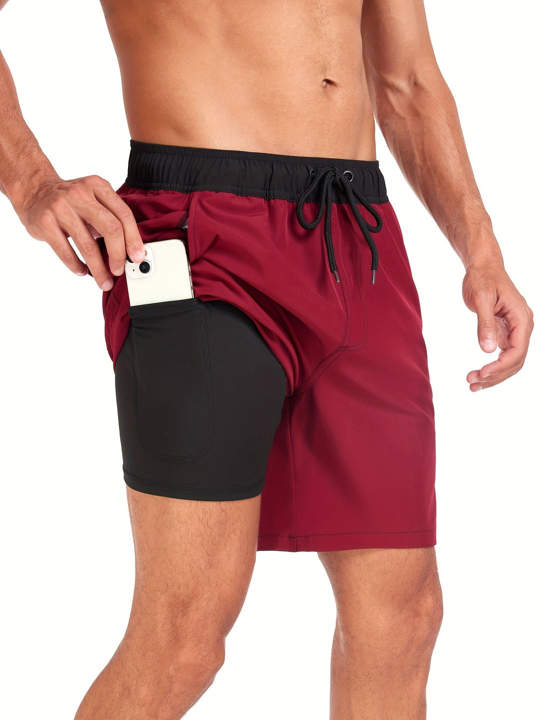 Quick-drying men's swim shorts with stretch & mobile phone pocket – Jonas-Red wine-S-State of Style
