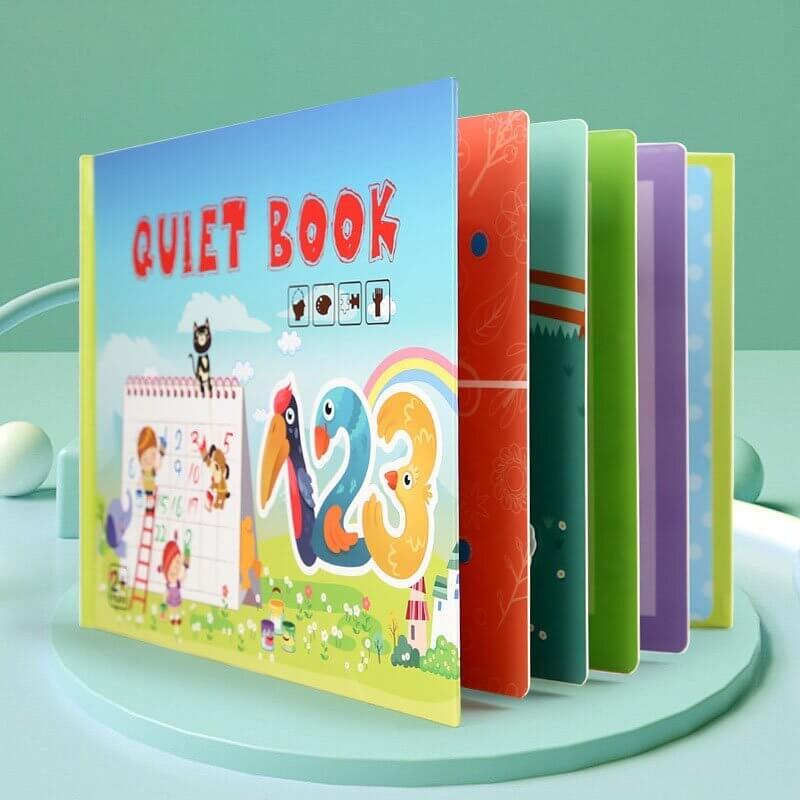 Interactive learning book for toddlers with Velcro activities and a storage pouch.