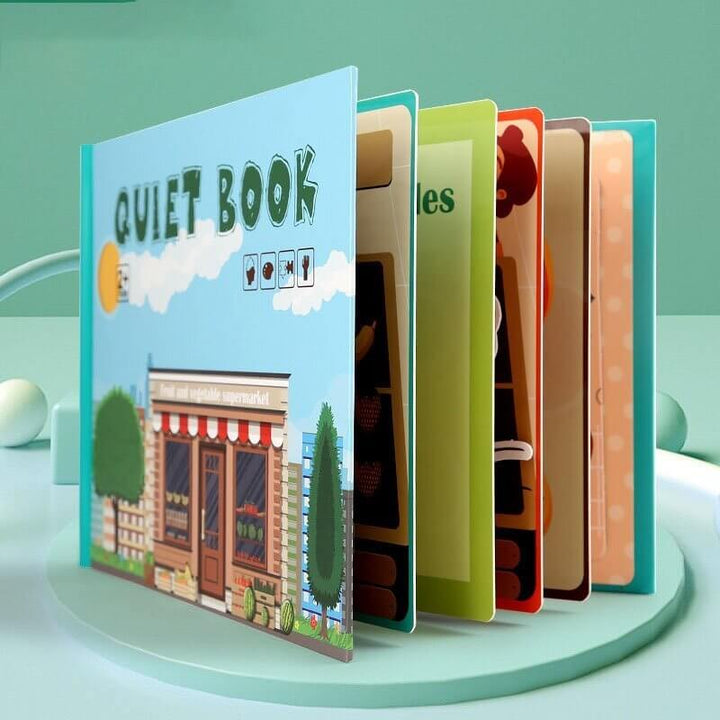 Interactive learning book for toddlers with Velcro activities and a storage pouch.