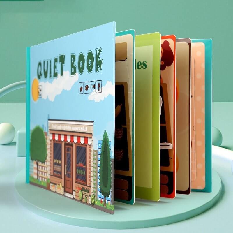 Interactive learning book for toddlers with Velcro activities and a storage pouch.