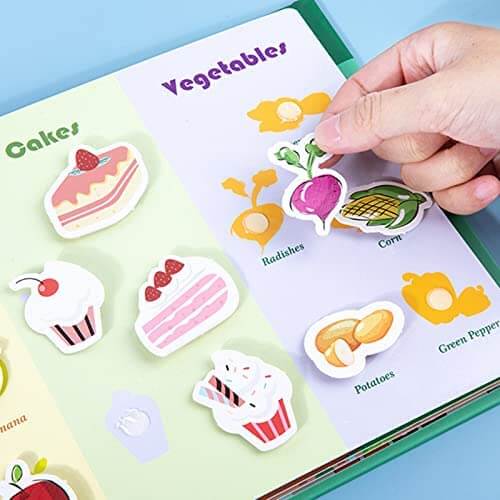Interactive learning book for toddlers with Velcro activities and a storage pouch.