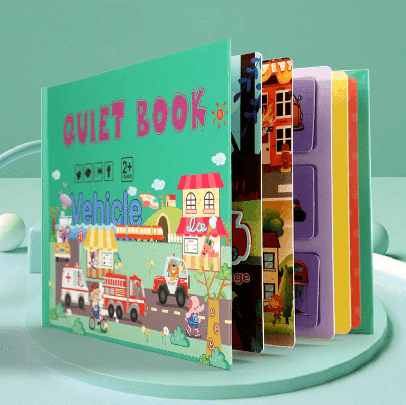 Interactive learning book for toddlers with Velcro activities and a storage pouch.