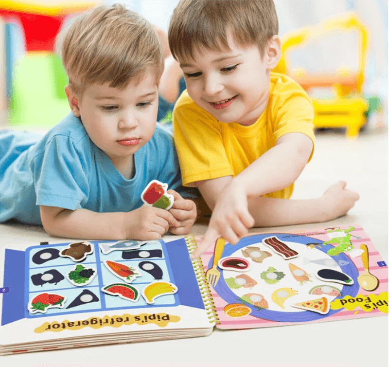 Interactive learning book for toddlers with Velcro activities and a storage pouch.