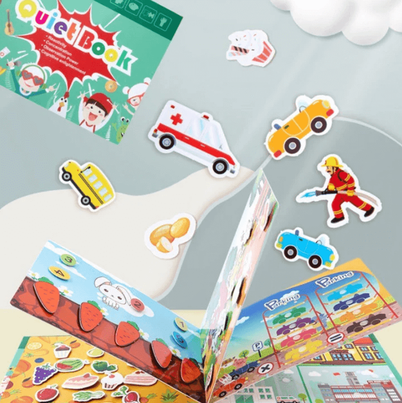 Interactive learning book for toddlers with Velcro activities and a storage pouch.