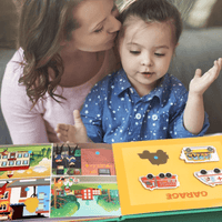 Interactive learning book for toddlers with Velcro activities and a storage pouch.