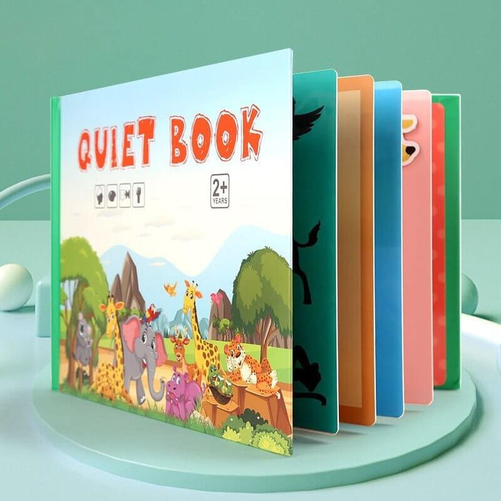 Interactive learning book for toddlers with Velcro activities and a storage pouch.