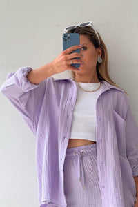 Radiant Summer Long Sleeve Shirt And Shorts Set | Elowen Collection-Purple-S-State of Style