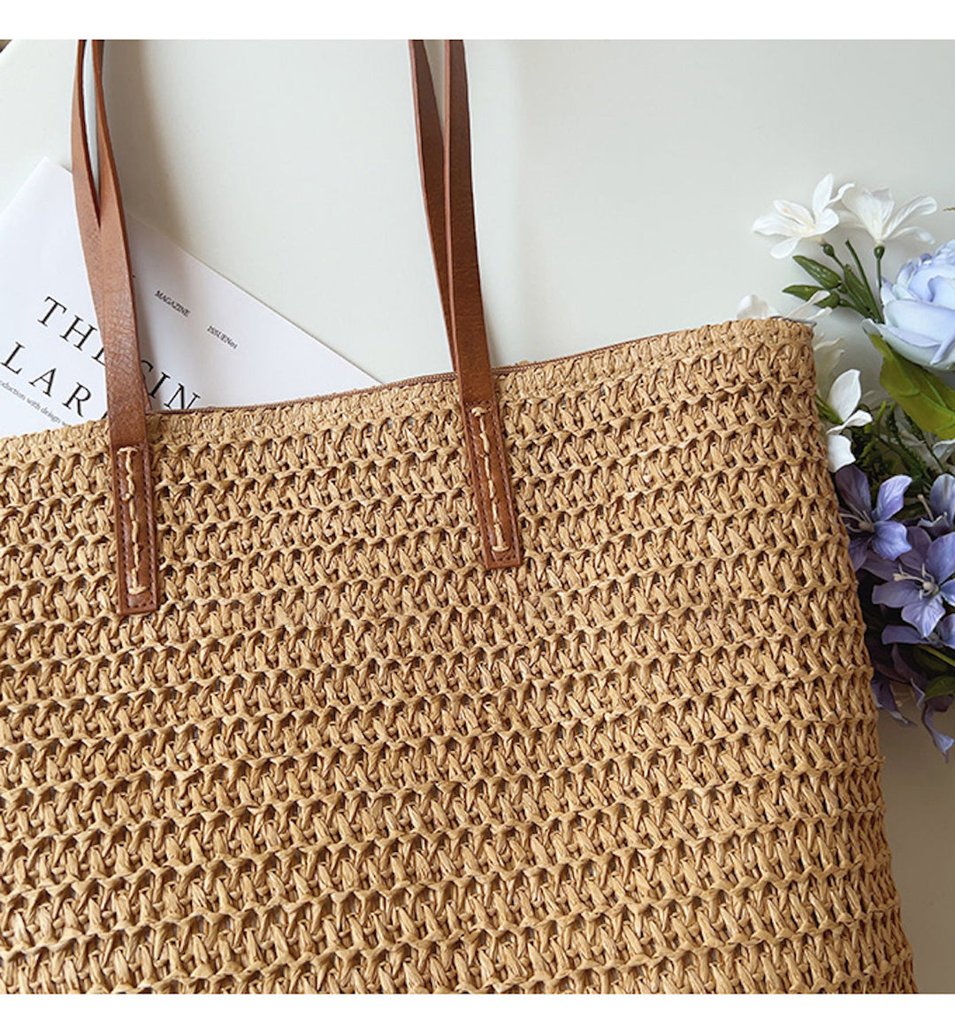 Rattan Woven Bag with Leather Straps - SummerBreeze Tote-Brown-State of Style