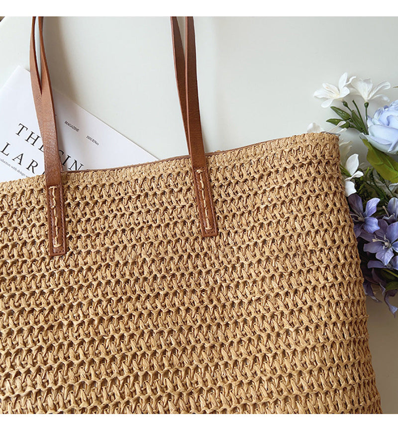 Rattan Woven Bag with Leather Straps - SummerBreeze Tote-Brown-State of Style
