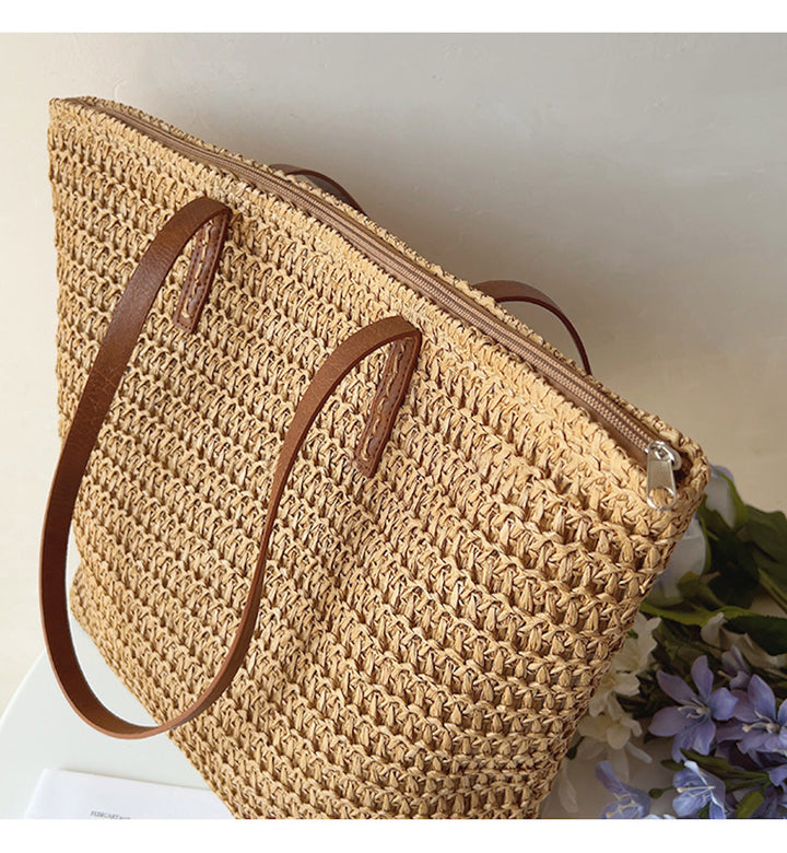 Rattan Woven Bag with Leather Straps - SummerBreeze Tote-Brown-State of Style