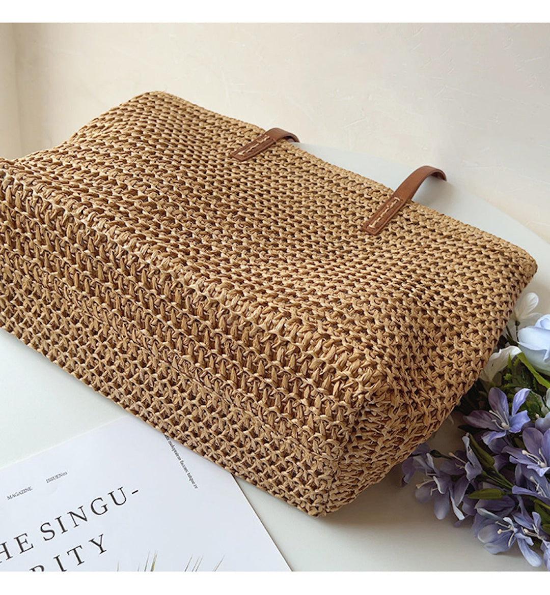 Rattan Woven Bag with Leather Straps - SummerBreeze Tote-Brown-State of Style