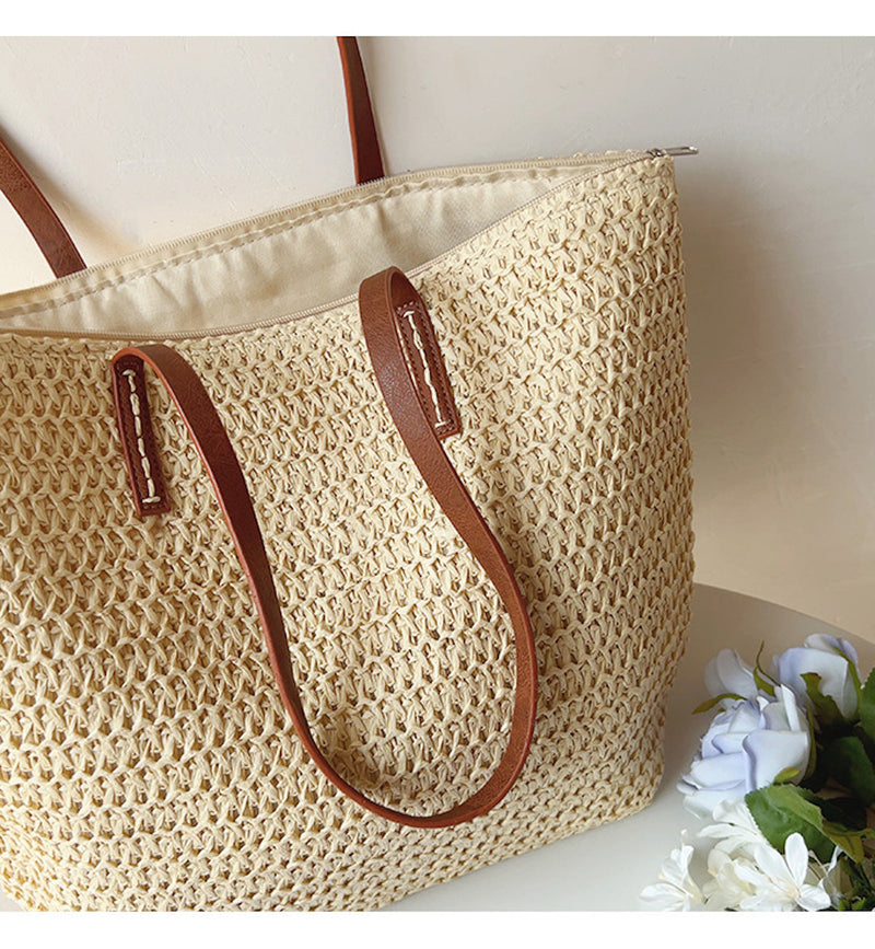 Rattan Woven Bag with Leather Straps - SummerBreeze Tote-Brown-State of Style
