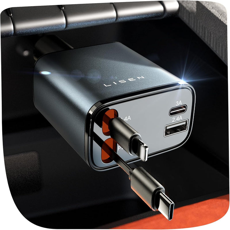 Retractable Car Charger 69W USB C-Black - USB Type C - 24 Volt-State of Style
