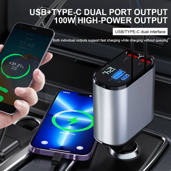 Retractable Car Fast Charger – VoltEdge-USB-C + iPhone-State of Style