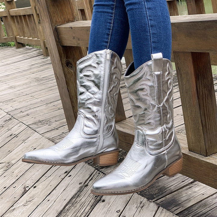 Retro Western Cowboy Ladies Boots - Daisy-Silver-3.5-State of Style