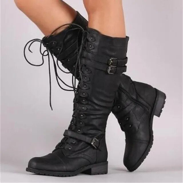 Retro Women's Lace-Up Boots with Buckle - Bella-Black-4-State of Style