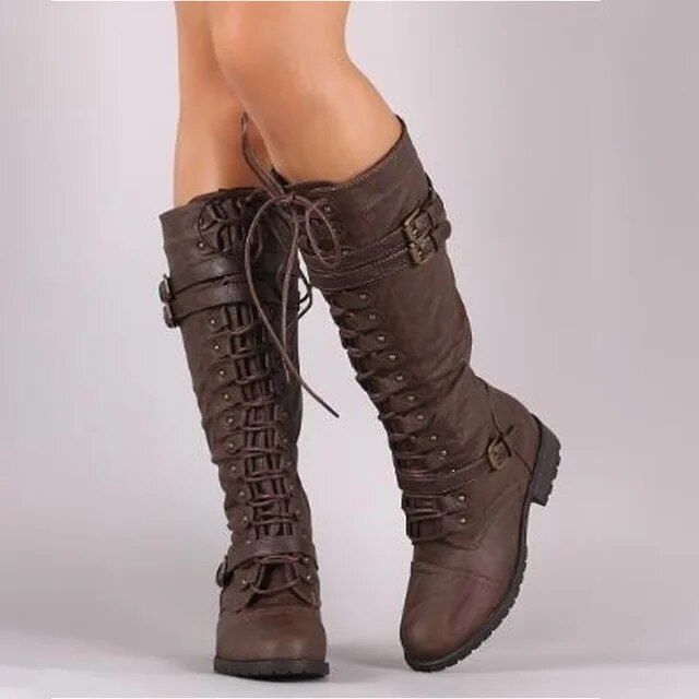 Retro Women's Lace-Up Boots with Buckle - Bella-Brown-4-State of Style
