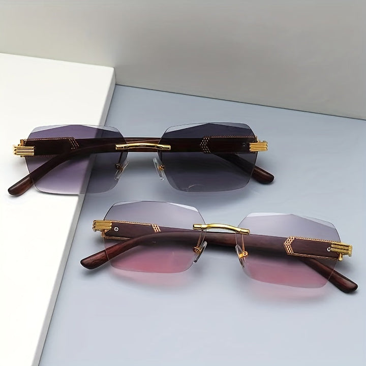 Rimless Sunglasses with Rectangular Lenses and Faux Wood Arms – Verro-Black-State of Style