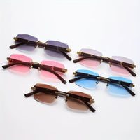 Rimless Sunglasses with Rectangular Lenses and Faux Wood Arms – Verro-Black-State of Style