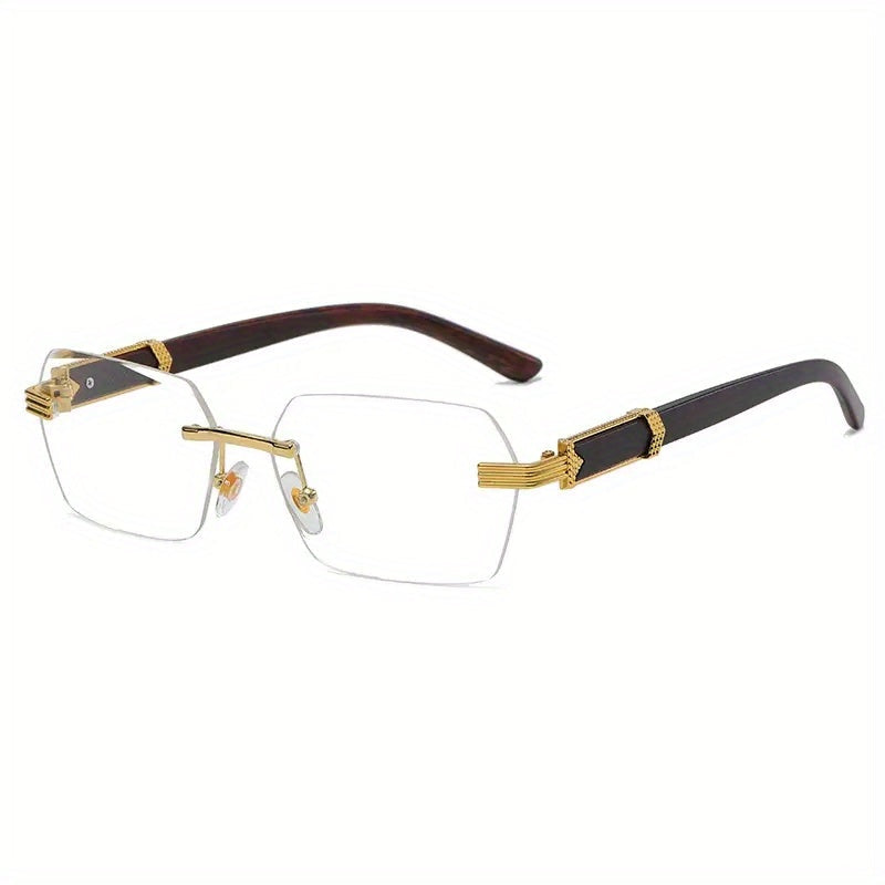 Rimless Sunglasses with Rectangular Lenses and Faux Wood Arms – Verro-White-State of Style